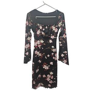 Black Floral Sheer Babydoll Whimsygoth Y2K Mini Dress S Fairy Goth Asian Romance